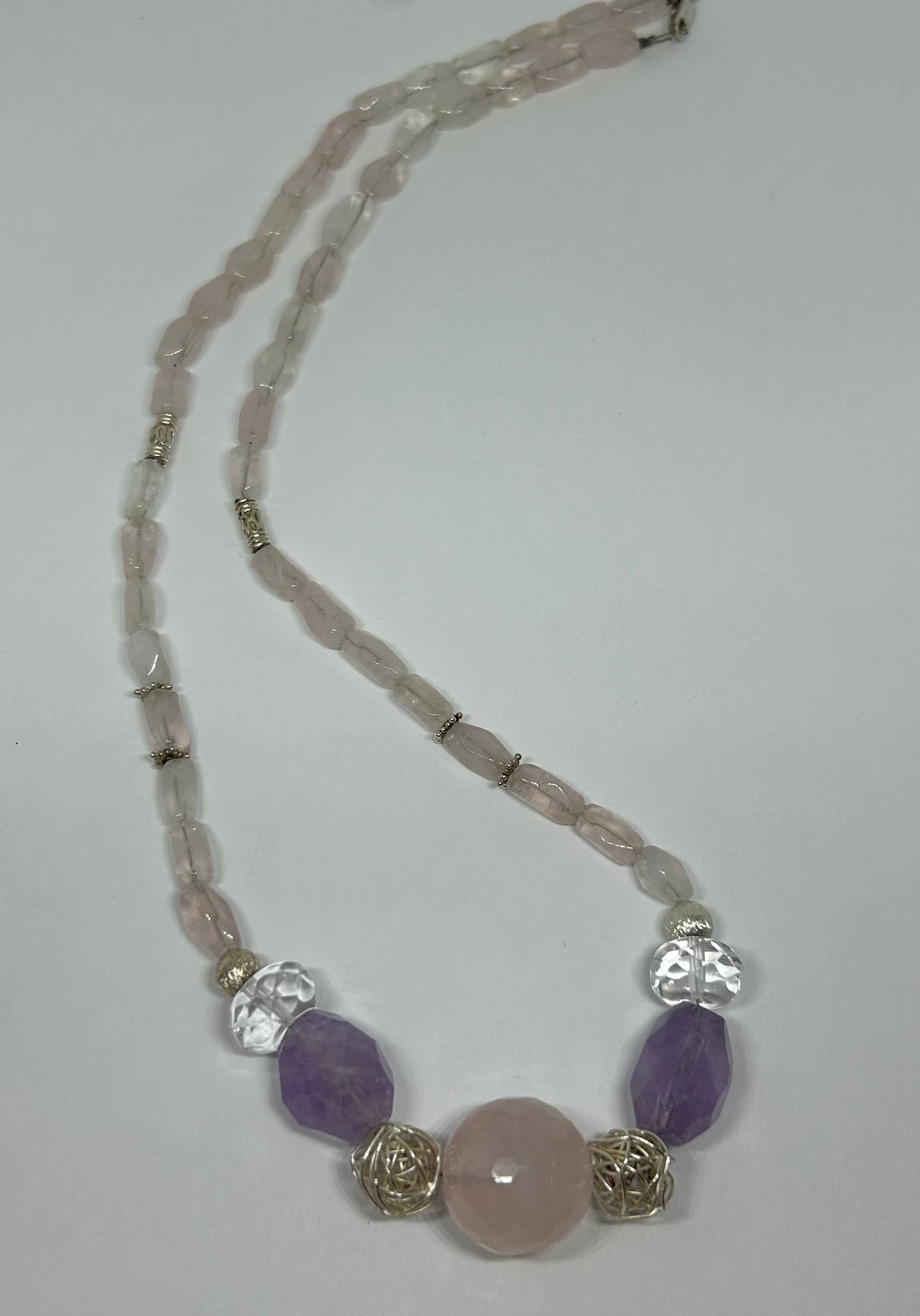Kette "Rosenquarz, Amethyst, Kristall", Silber